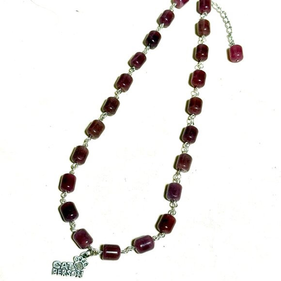 Genuine Magenta Chalcedony Short Necklace, Gemstone & Cat Person Paw Print Charm - Picture 7 of 14
